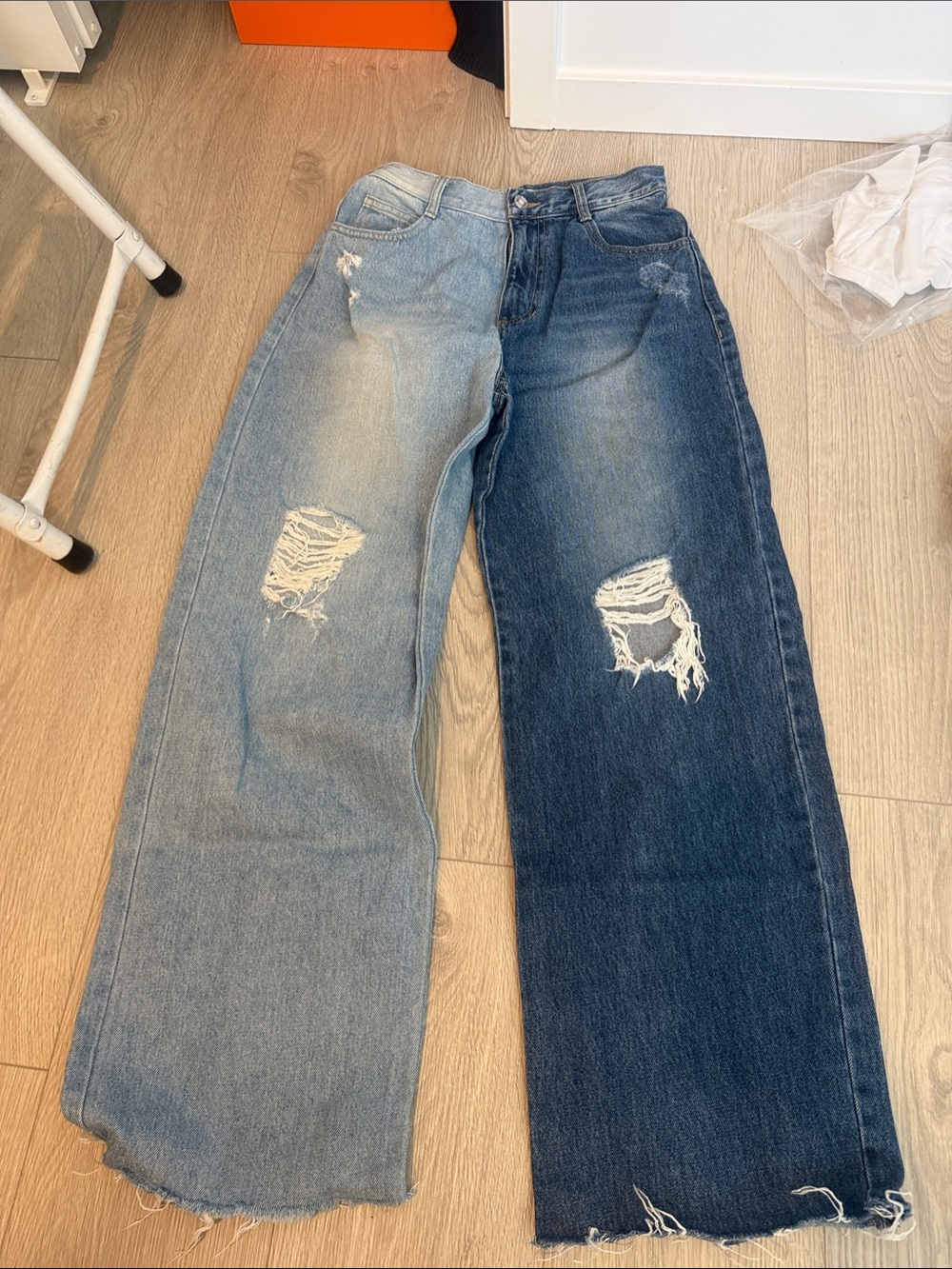 Two-Tone Distressed Wide Leg Jeans - Light & Dark Blue W26